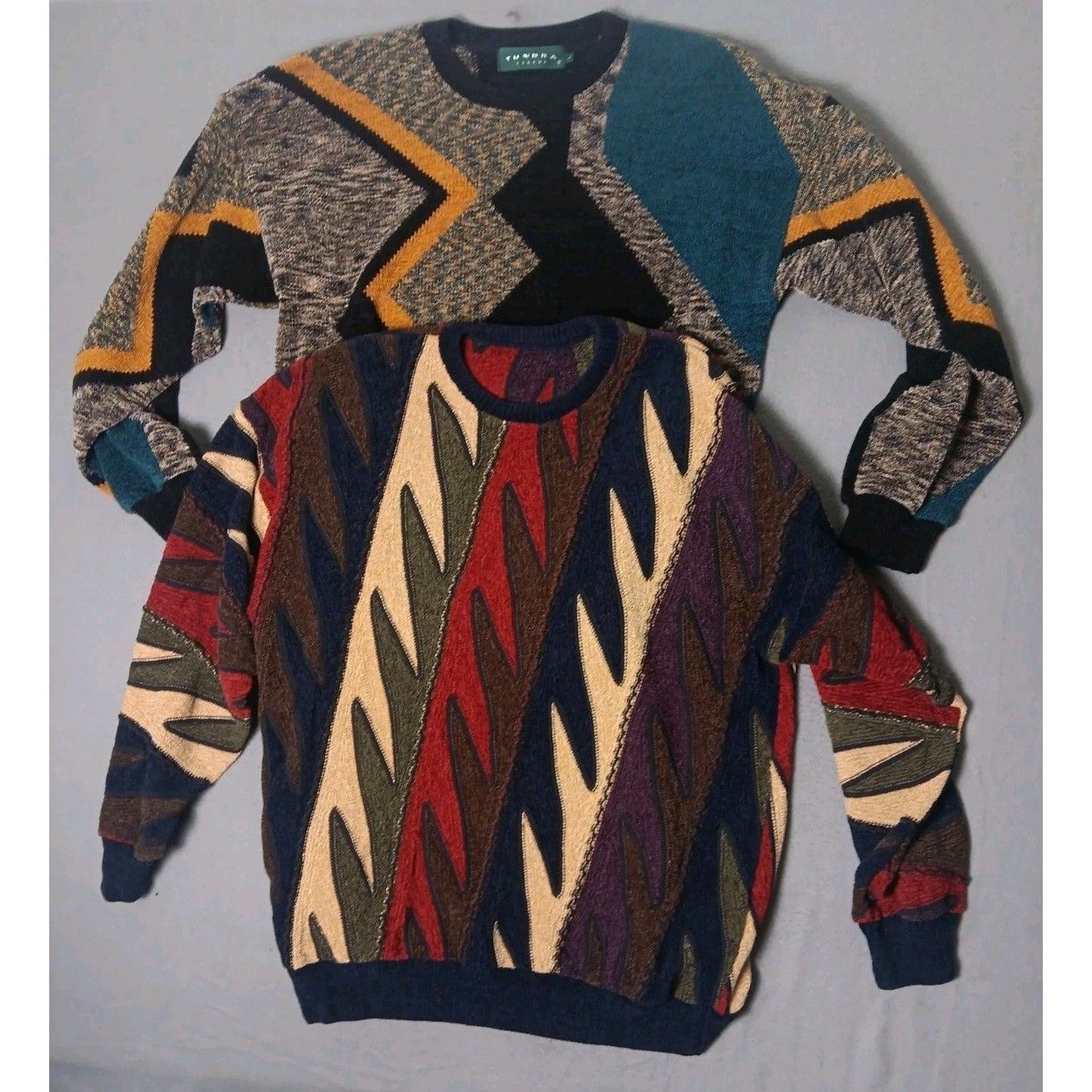 Two Vintage Tundra Canada Sweaters 1990s- L -Textured 3d Bolt Zigzag Rare Colors